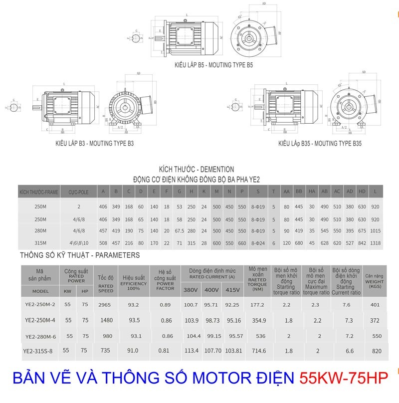 ban ve chi tiet thong so motor dien 55kw