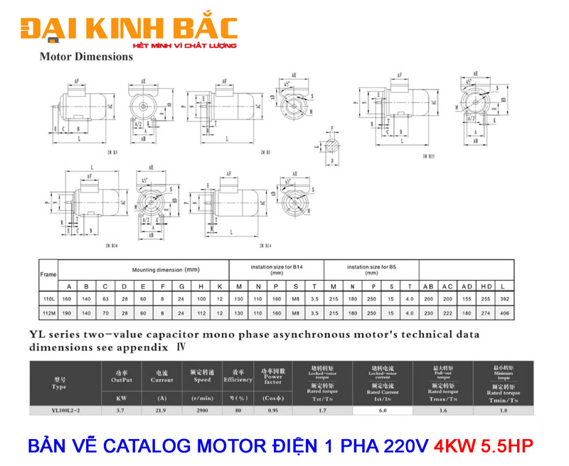CATALOG ĐỘNG CƠ ĐIỆN 1 PHA 220V 4KW 5.5HP