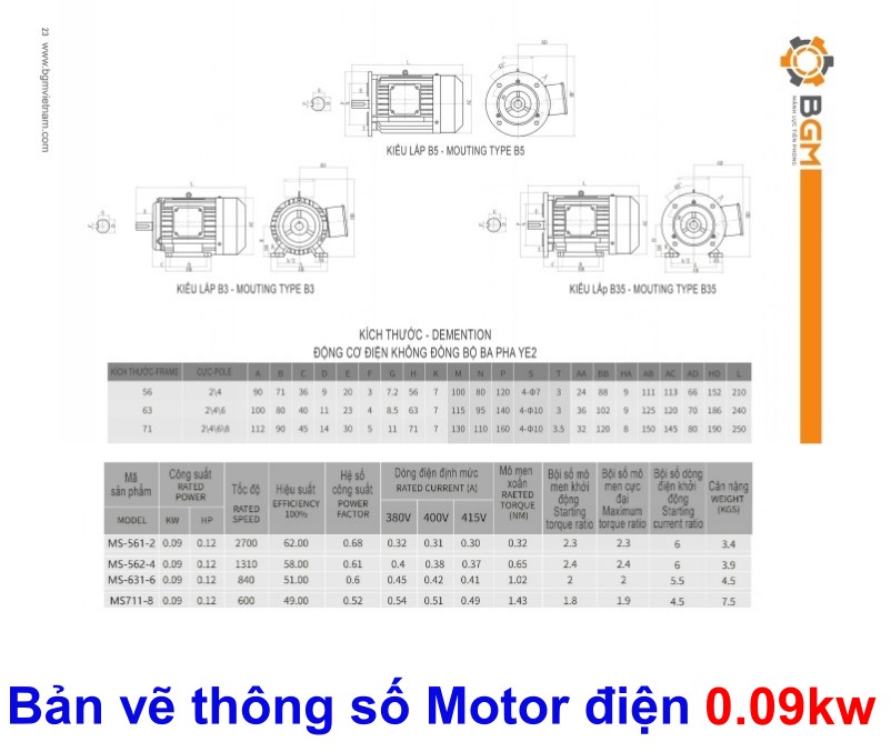 Bản vẽ Motor điện 0.09Kw - 0.12Hp