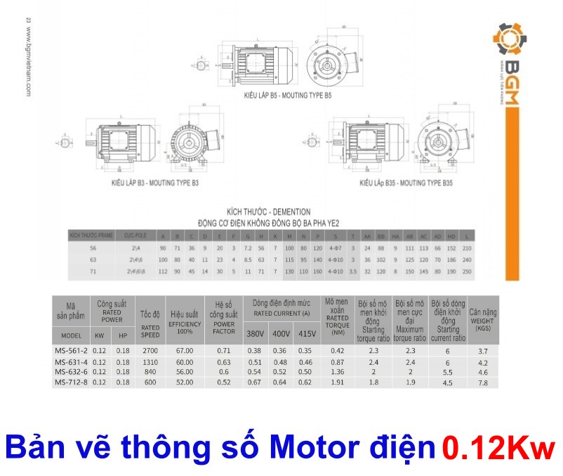 Bản vẽ của Motor Điện 0.12Kw - 0.18Hp