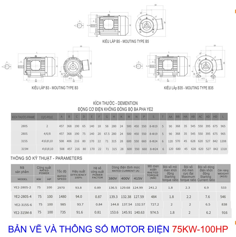 ban ve thong so motor dien cong suat 75kw 100hp