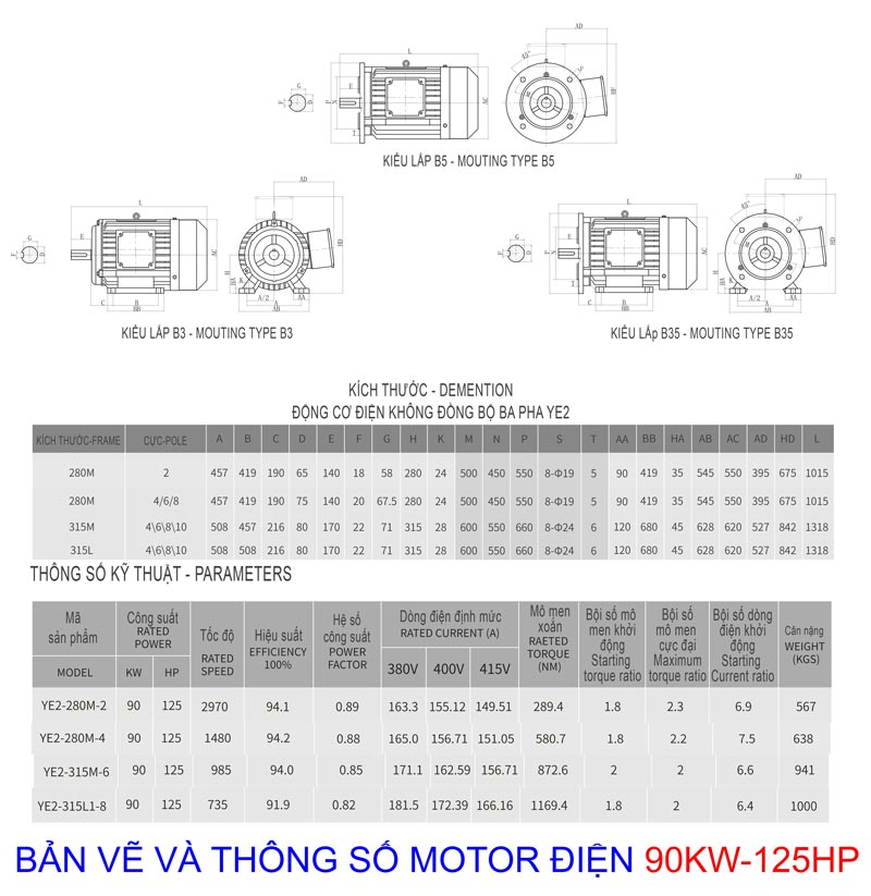 Bản vẽ Catalog Motor điện công suất 90kw - 125Hp