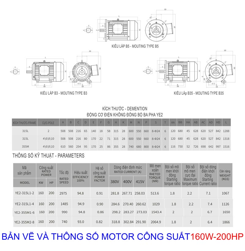 ban ve thong so motor dien 160kw 200hp