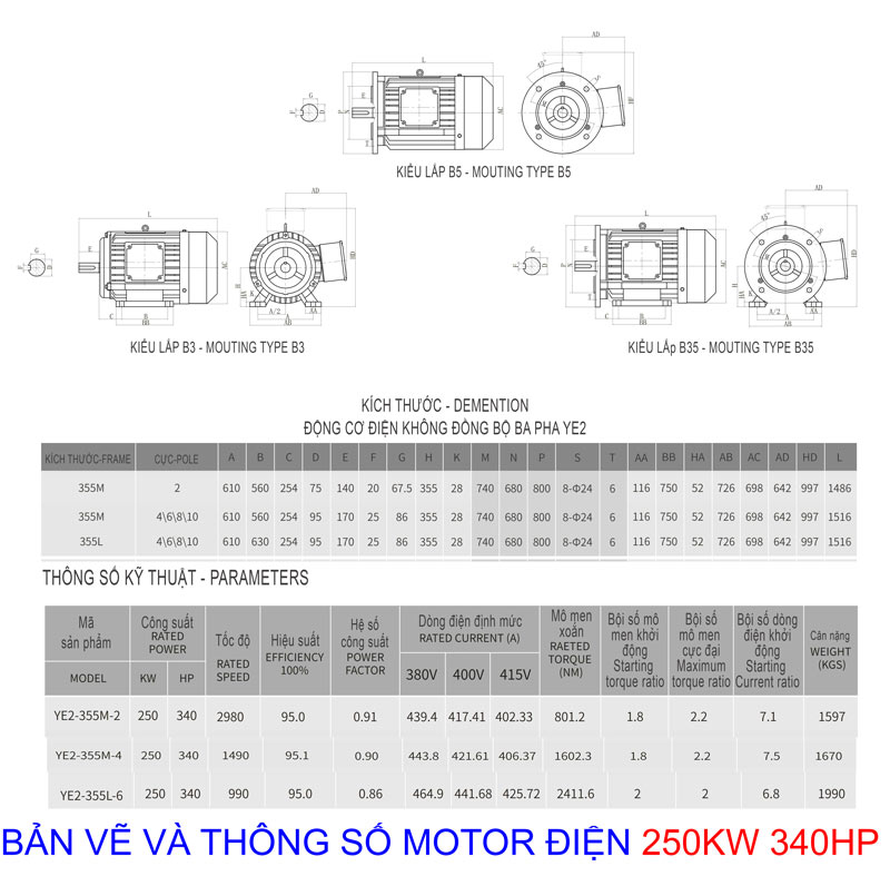 Bản vẽ Thông số Motor điện 250kw-340hp
