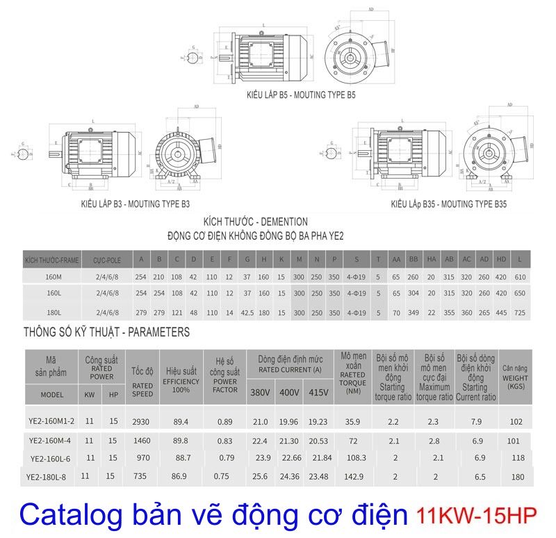 Thông số kĩ thuật động cơ điện 11Kw- 15Hp