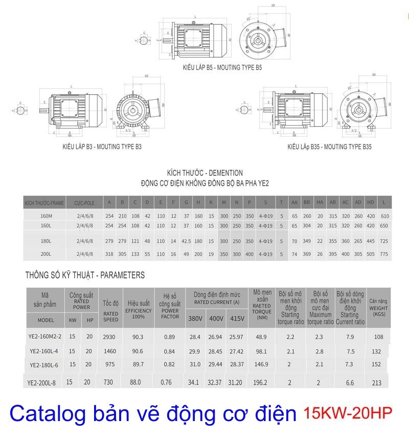 THÔNG SỐ ĐỘNG CƠ ĐIỆN 15KW- 20HP