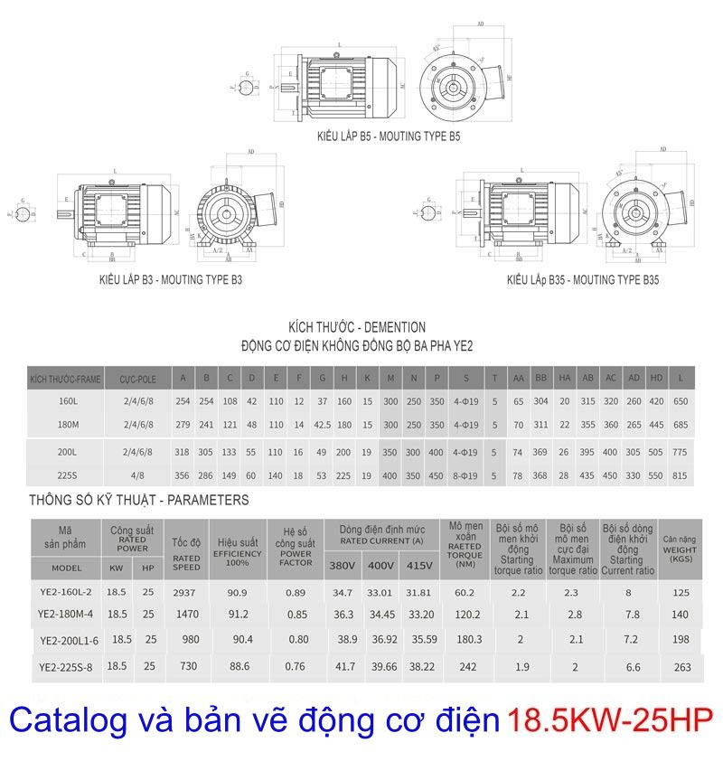 THÔNG SỐ ĐỘNG CƠ ĐIỆN 18.5KW- 25HP