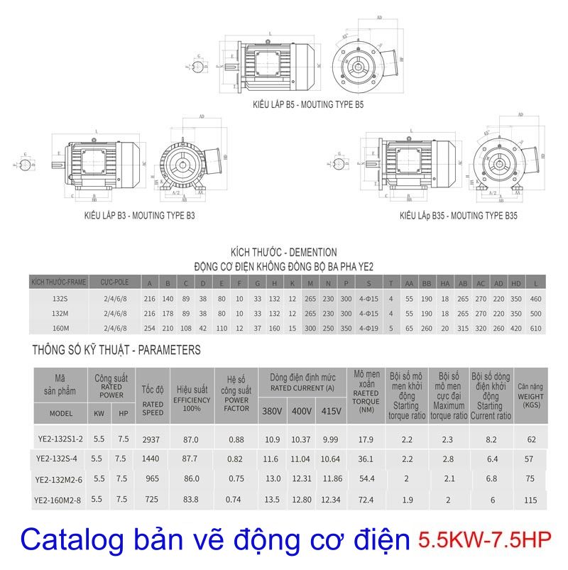 Thông số kĩ thuật động cơ điện 5.5Kw- 7.5Hp: