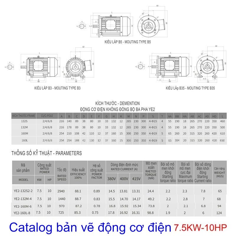 Thông số kĩ thuật động cơ điện 7.5Kw- 10Hp