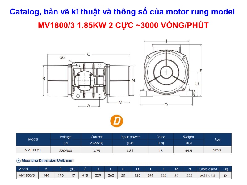 Thông số kỹ thuật motor rung MV1800/3 1.85Kw 2 cực ~ 3000 vòng/phút