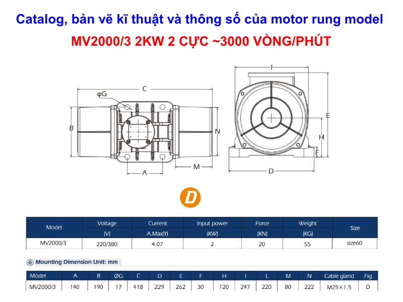 Thông số kỹ thuật motor rung MV2000/3 2KW 2 cực 3000 vòng/phút
