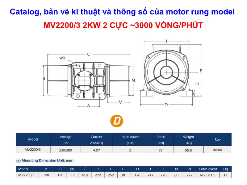 Thông số motor rung MV2200/3 2KW 2 cực 3000 vòng/phút