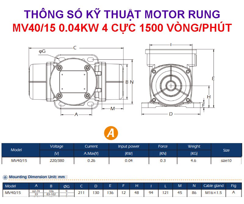 Thông số kỹ thuật motor rung MV40/15 4 cực
