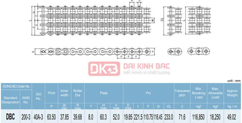 Xích Dongbo DBC 200 - Bước Xích 63.5mm Hàn Quốc