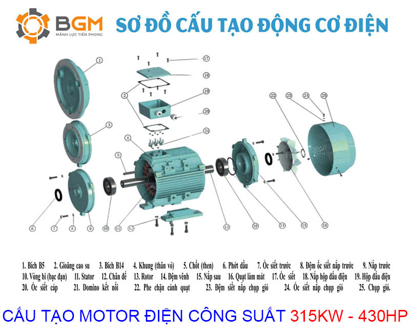 cấu tạo chi tiết của Motor điện 315Kw -430Hp