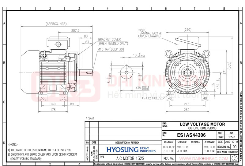 Motor Điện 3 Pha 3KW- 4HP 6P 6 Cực - Hyosung Hàn Quốc