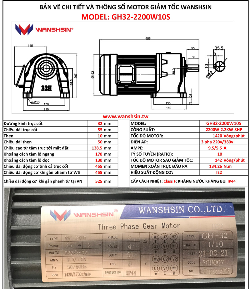 Motor Giảm Tốc Chân Đế Wanshsin GH32-2200W-10S