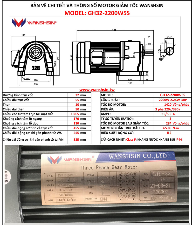 Motor Giảm Tốc Chân Đế Wanshsin GH32-2200W-5S