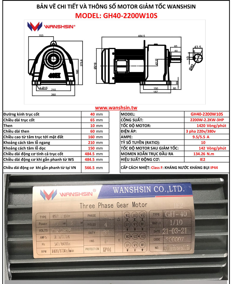 5. Thông số motor giảm tốc GH40-2200W-10S