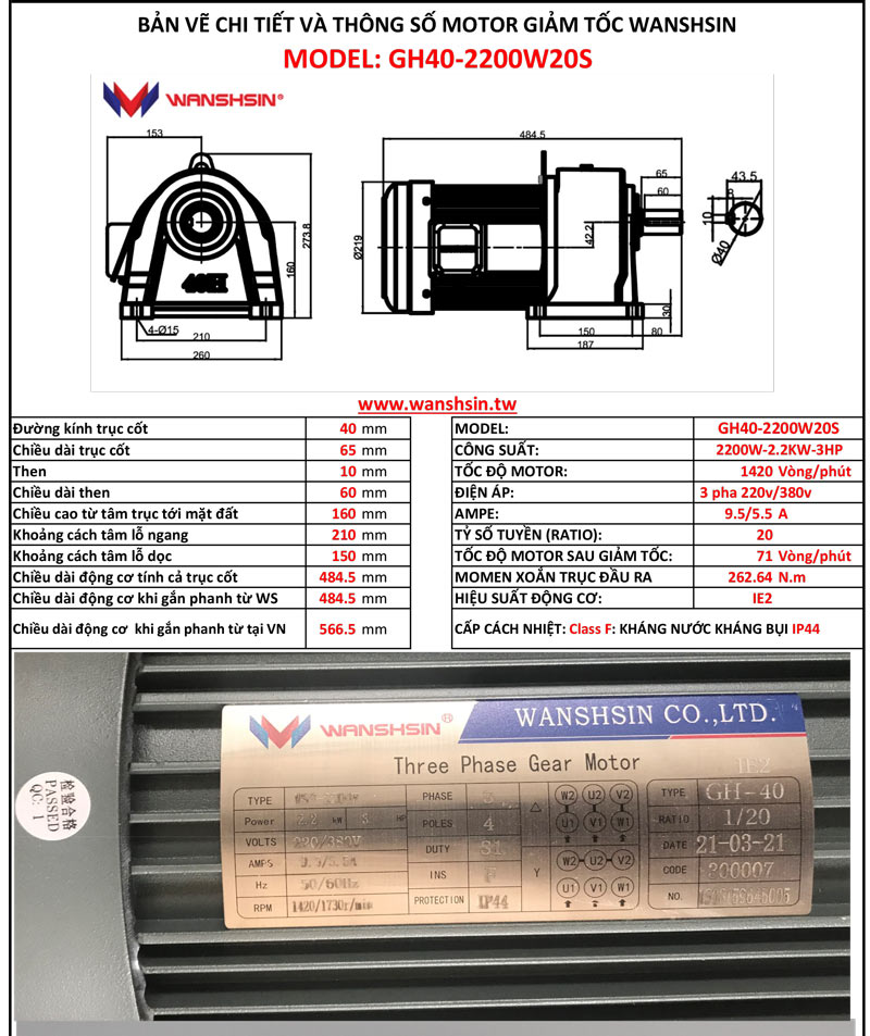 Motor Giảm Tốc Chân Đế Wanshsin GH40-2200W-20S