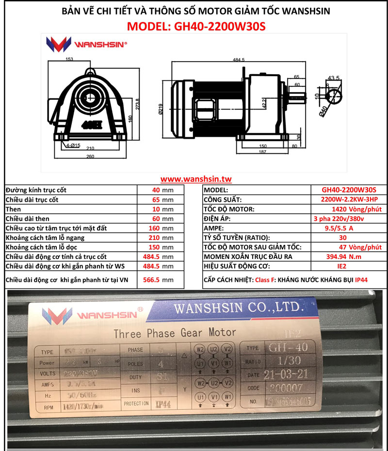 Motor Giảm Tốc Chân Đế Wanshsin GH40-2200W-30S