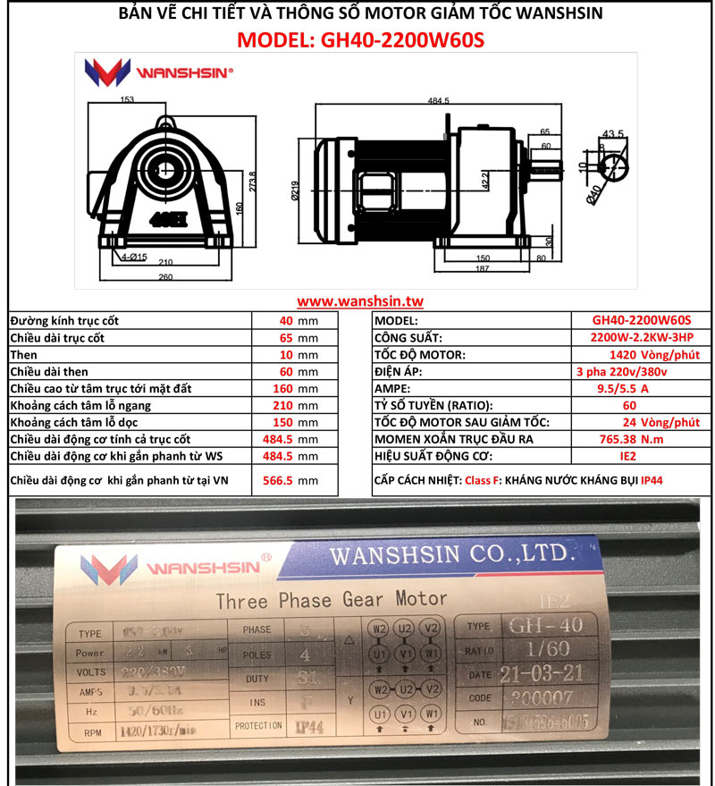 Motor Giảm Tốc Chân Đế Wanshsin GH40-2200W-60S