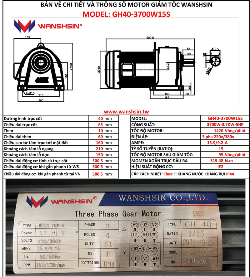 4. Thông số motor giảm tốc GH40-3700W-15S