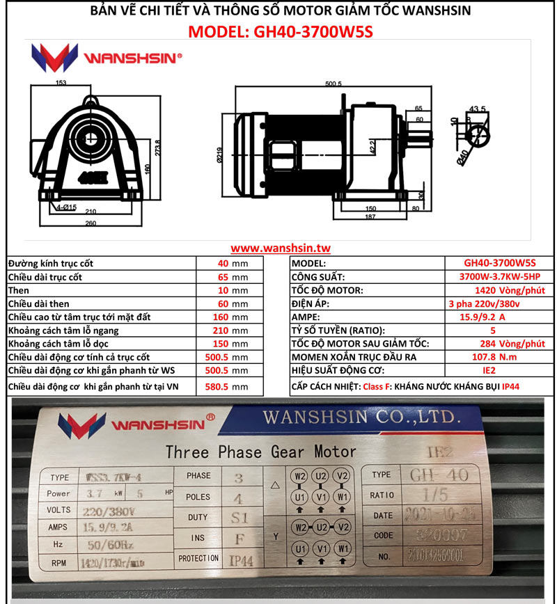 Motor Giảm Tốc Chân Đế Wanshsin GH40-3700W-5S