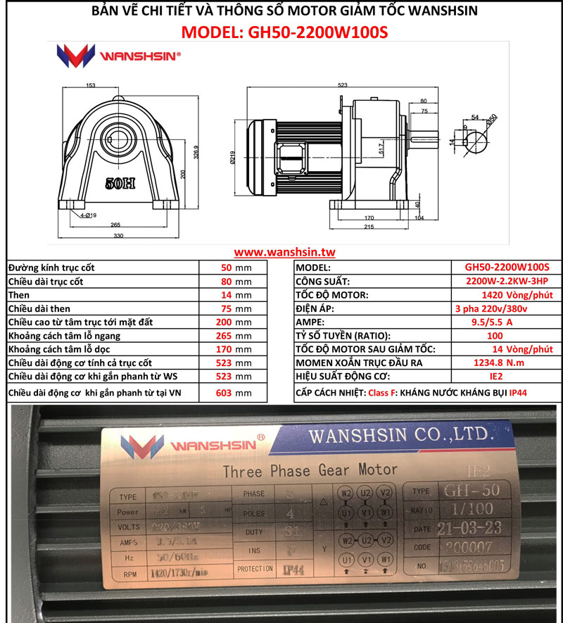 Motor Giảm Tốc Chân Đế Wanshsin GH50-2200W-100S