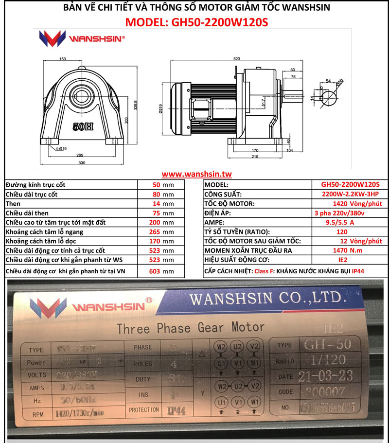 Motor Giảm Tốc Chân Đế Wanshsin GH50-2200W-120S