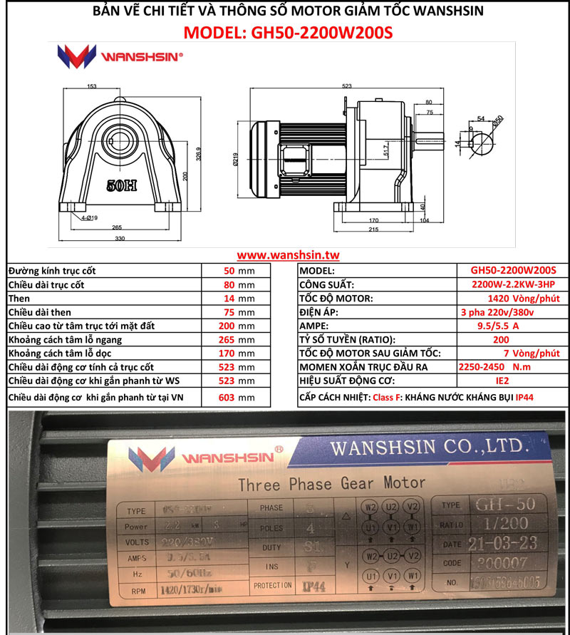 Motor Giảm Tốc Chân Đế Wanshsin GH50-2200W-200S