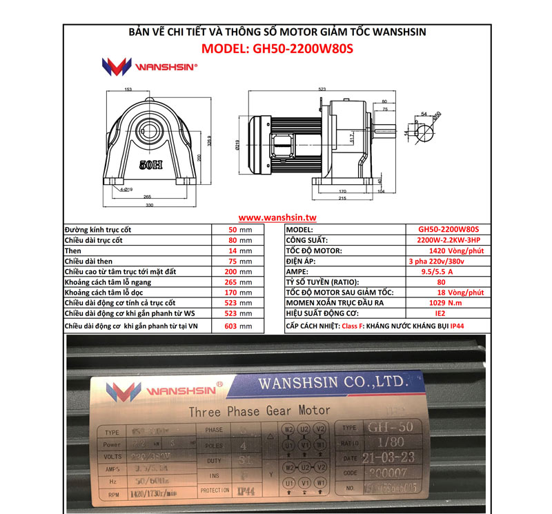 Motor Giảm Tốc Chân Đế Wanshsin GH50-2200W-80S