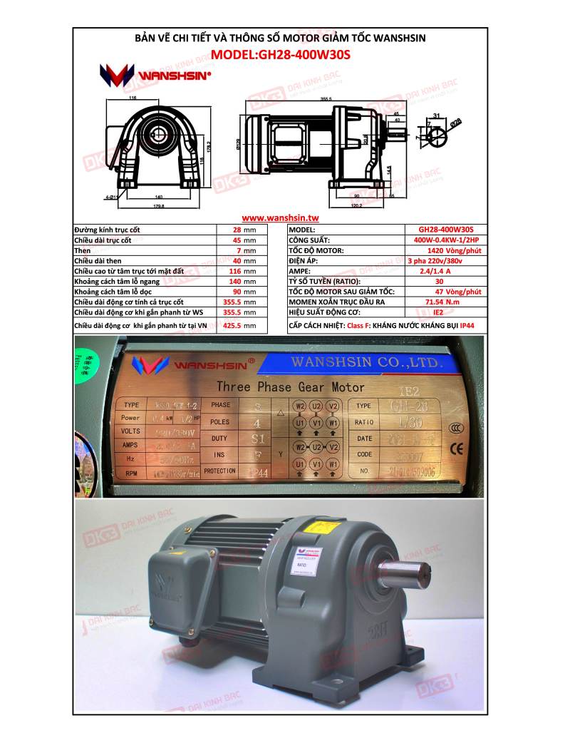 Motor Giảm Tốc Chân Đế Wanshsin GH28-400W-30S