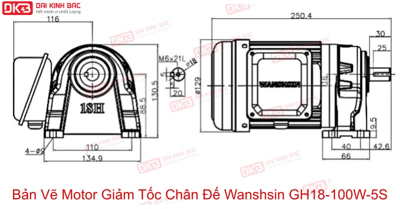 bản vẽ cấu tạo motor giảm tốc chân đế GH18-100W5S