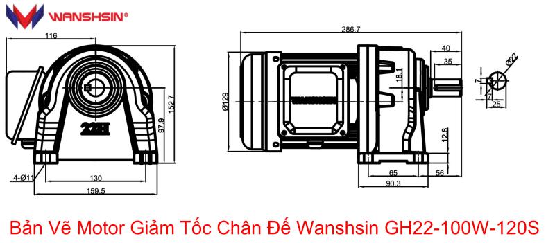 kích thước Motor Giảm Tốc Chân Đế Wanshsin GH22-100W-120S