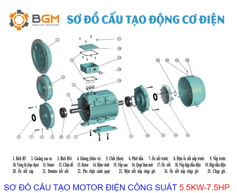 sơ đồ cấu tạo của Motor điện 5.5Kw - 7.5Hp