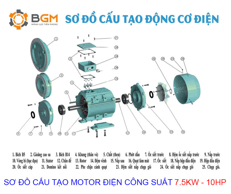 sơ đồ cấu tạo của Motor điện 7.5Kw - 10Hp: