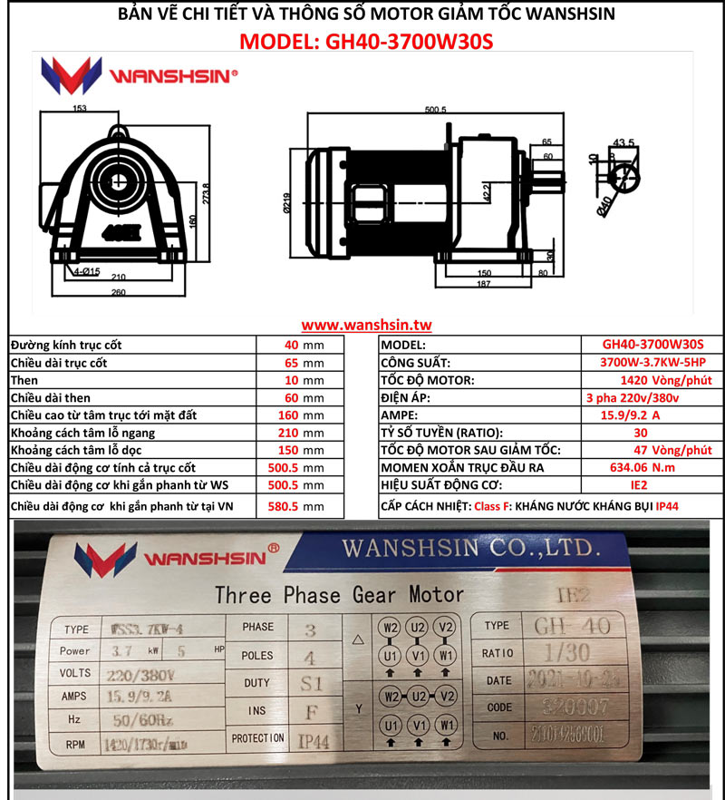 Motor Giảm Tốc Chân Đế Wanshsin GH40-3700W-30S