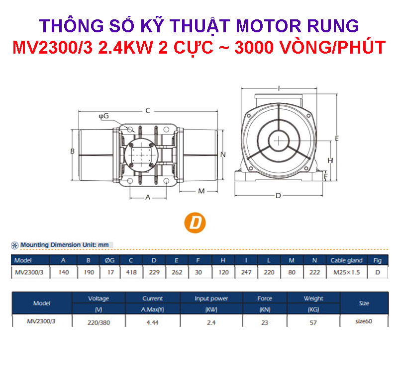 Thông số kỹ thuật motor rung Mv2300/3 2.4Kw 2 cực 3000v.p