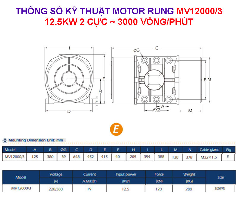 Thông số kỹ thuật motor rung MV12000/3 12.5Kw 2 cực
