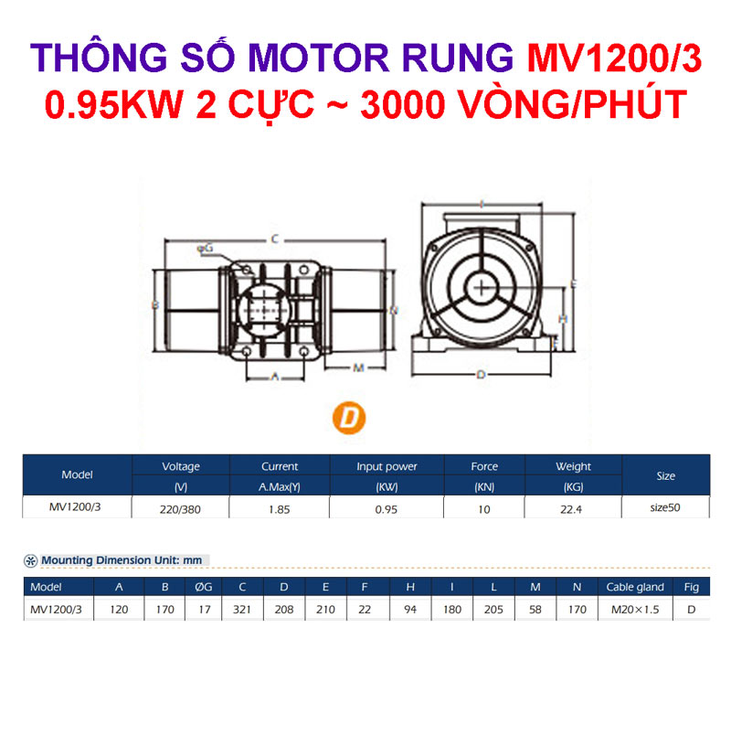 Thông số kỹ thuật motor rung MV1200/3 0.95Kw 2 cực 3000 v/p 5