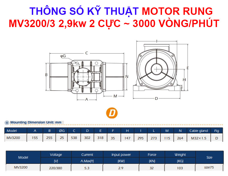 Thông số kỹ thuật motor rung MV3200/3 2.9Kw 2 cực 3000 vòng/phút