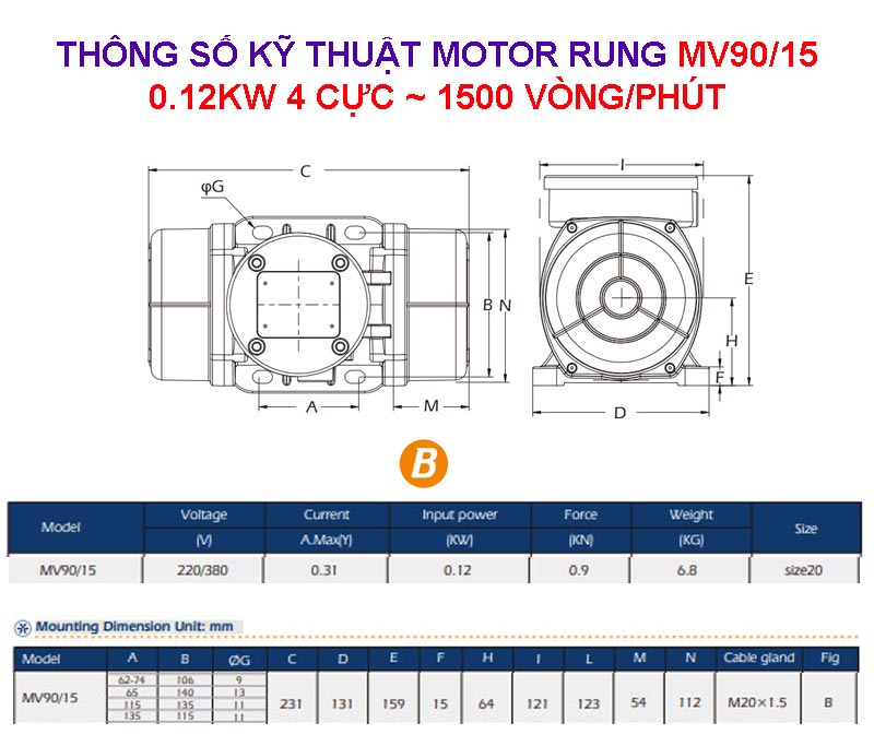 Thông số kỹ thuật motor rung MV90/15 0.12Kw 4 cực