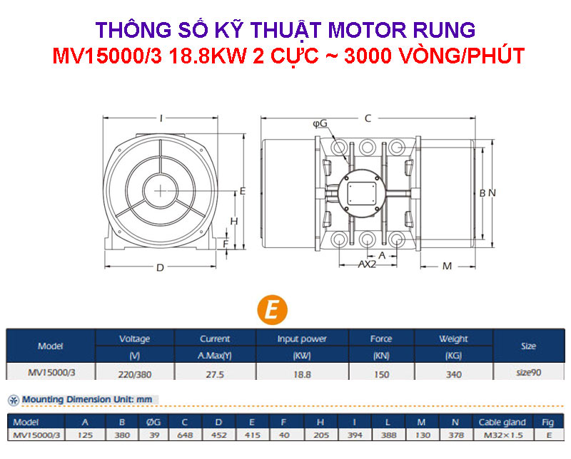 Thông số kỹ thuật motor rung MV15000/3 18.8Kw 2 cực 3000 vòng/phút