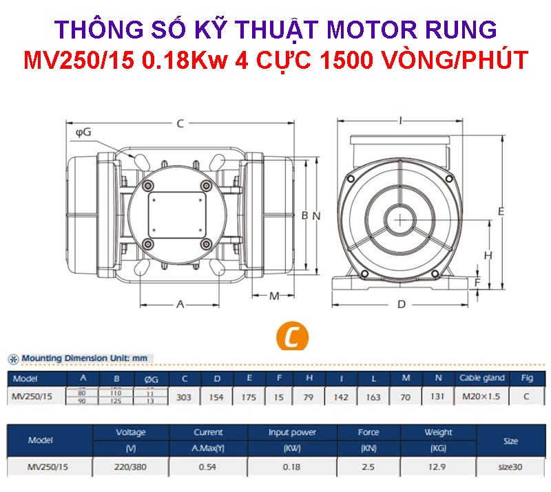 Thông số kỹ thuật motor rung MV250/15 0.18Kw 4 cực
