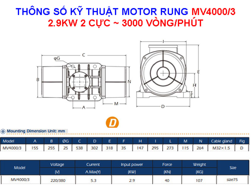 Thông số kỹ thuật motor rung MV4000/3 2.9Kw 2 cực 3000v.p
