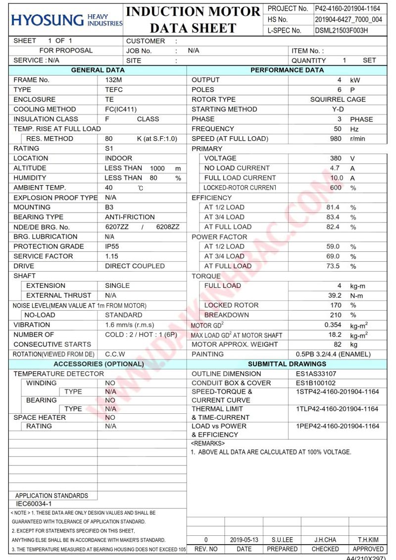 Motor Điện 3 Pha 4KW- 5.5HP 6P 6 Cực - Hyosung Hàn Quốc