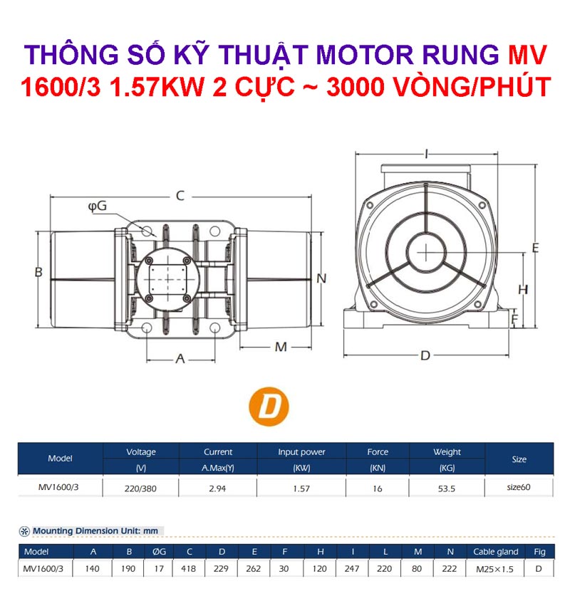 Thông số motor rung MV1600/3 1.57Kw 2 cực 3000 vòng/phút