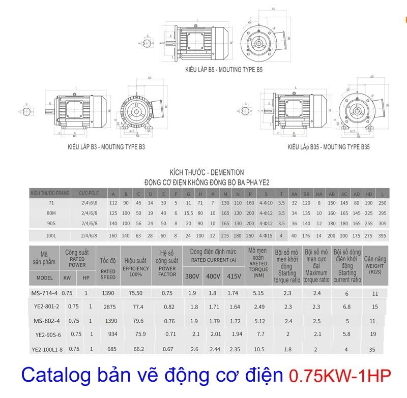 Thông số  Động cơ điện 0.75KW-1HP :