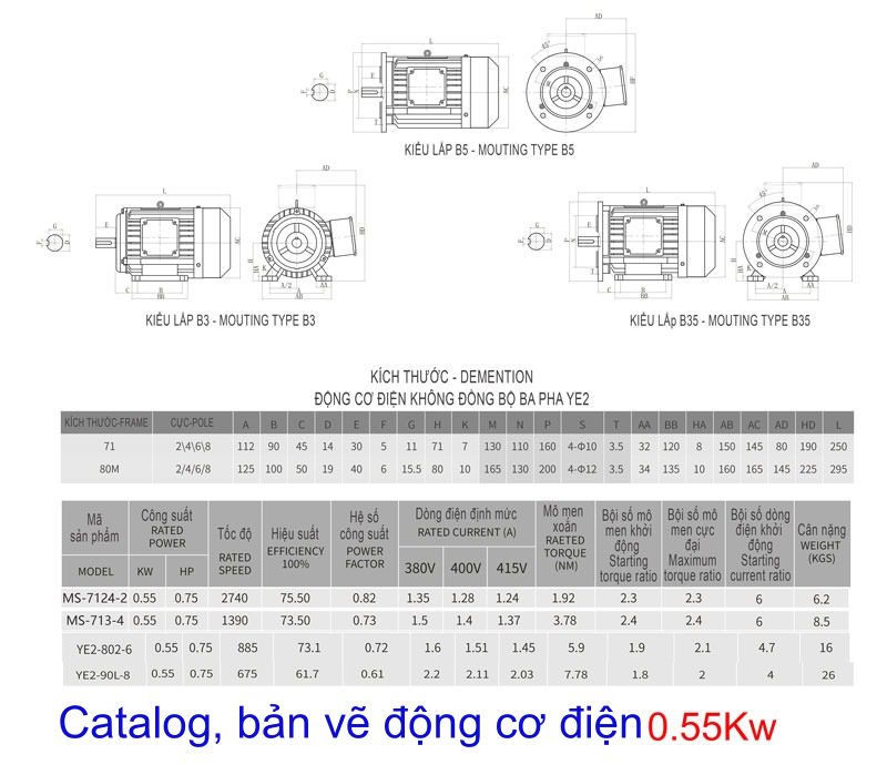 THÔNG SỐ ĐỘNG CƠ ĐIỆN 0.55KW-0.75HP